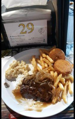 Hamburger steak, French fries,  macaroni,  cornbread