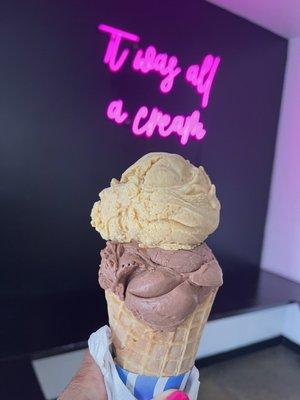 Vegan pumpkin atop vegan chocolate in vegan waffle cone. All pretty yummy!