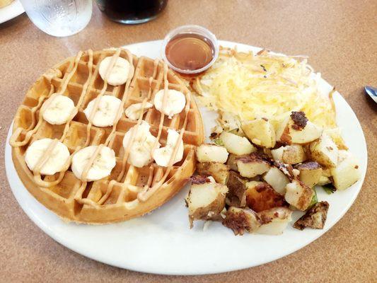 Customized Peanut Butter and Waffle Combo with country potatoes & hash browns. Absolutely delicious!