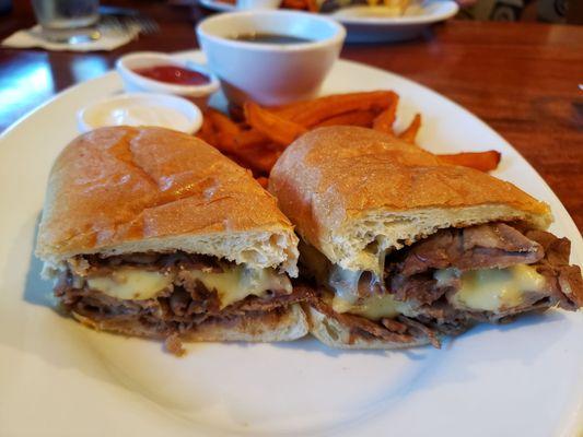 French Dip sandwich with sweet potato fries