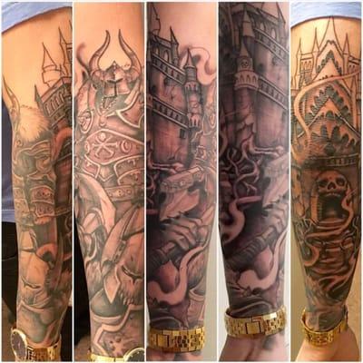 Half of Justin's sleeve done, Warhammer theme, done by Matt