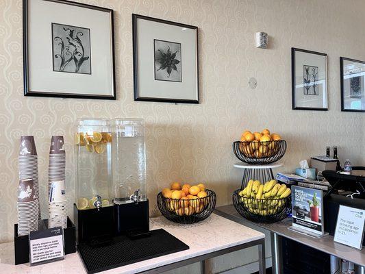 Flavored water and fresh fruit right by the bar