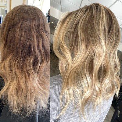 Before and after of a golden blonde balayage