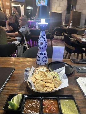 Loved the salsas and the decor (tequila bottle converted to a table lamp).