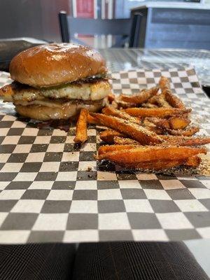 Honey Garlic Chicken Sandwich with Sweet Potato Fries