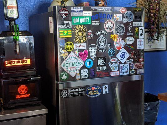 Merchants Sticker on the fridge.  Representing Oakland, dive bar buddies.