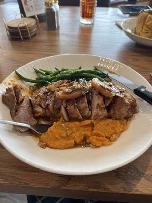 Apple cider brined pork tenderloin. Mike's hot honey mashed sweet potatoes. Green beans. All fresh.