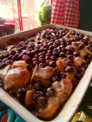 Blueberry bread pudding with a coffee Maple drizzle