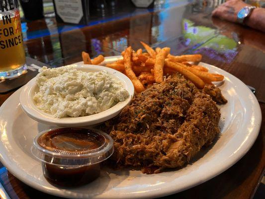 One of the specials of the day.  Pulled pork with 2 sides.  Plus pick your sauce.  Excellent!