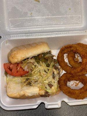 Philly Steak Sandwich and onion rings