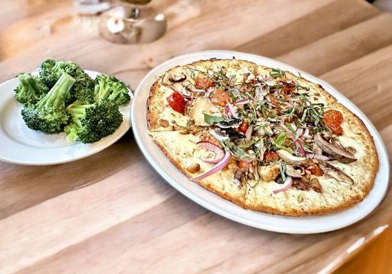 Broccoli and Tuscany Chicken Pizza with Cauliflower crust