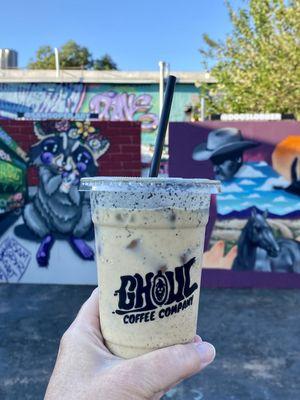 Iced black sesame oatmilk latte