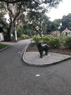 Faithful dog statue near hydrangea and rose gardens