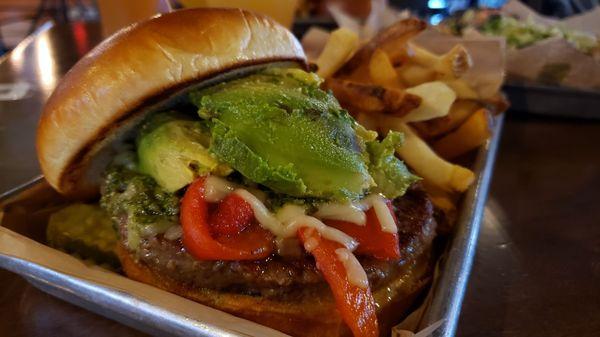 Impossible burger ($14), vegan by default. Decent, but greasy and oily because of the cheese & roasted peppers.