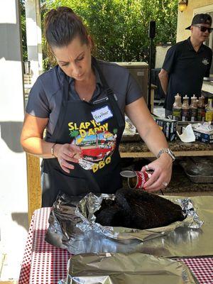 Rehydrating the brisket with beef stock.