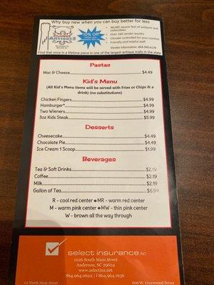 Kids menu and more