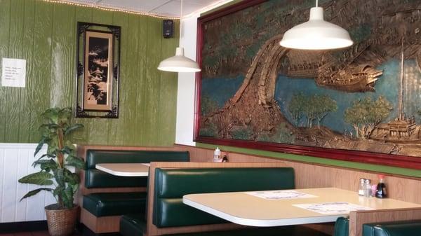 Comfy booths in a very clean restaurant