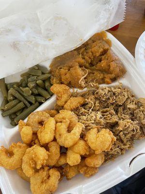 Shrimp, pork, green beans, yams