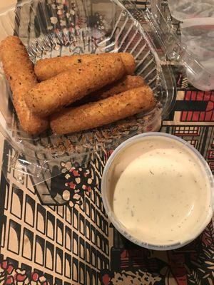 mozzarella sticks with crumb coating, not very good, and interestint dill sauce