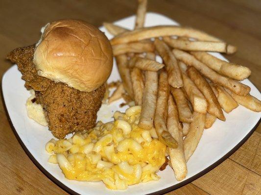 Fish fry with mac and cheese, and french fries