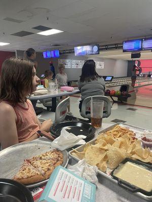 Pizza, burger, fries and bowling