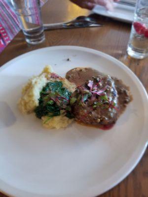 Filet mignon, wilted spinach, mashed potatoes.