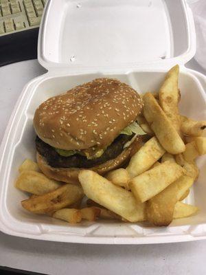 Cheeseburger with fries and a drink.  Great burger.  Steak fries too!