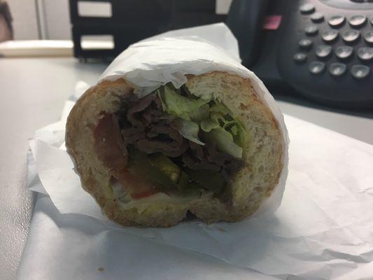 Roast beef sandwich with everything. Love that they add jalapeños!!