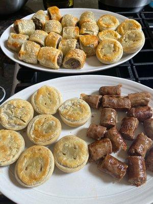 Party pies, sausage rolls and some spicy snags I cut up for appetizers.