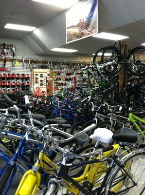 Bikes galore in the front portion of the shop.