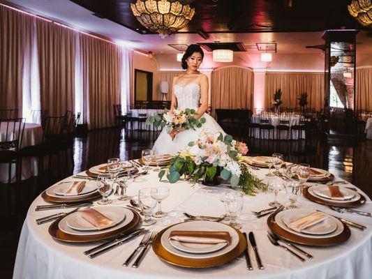 Peach and white flower wedding bouquet, Photo by Michael-Bezman, dress by La-Soie, location Noor the Paseo Pasadena