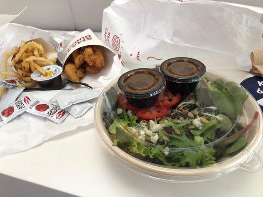 Crispy Chicken Strips, Harvest Salad and Smash Fries