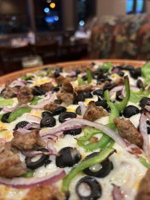 Sausage, Olives, Bell peppers, and Red Onions!!