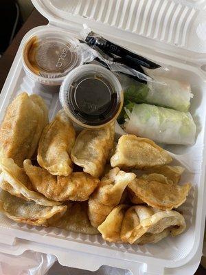 4 Pieces Fried Dumplings (x4) with 1 sauce 1 Piece Vietnamese Egg Roll (burried) 1 Piece Fresh Spring Roll with Peanut Sauce