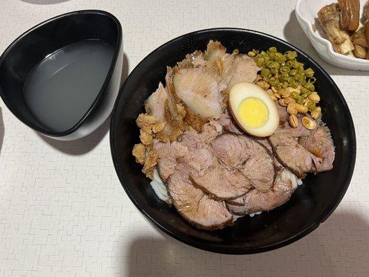 Beef & crispy pork rice noodle with broth on the side