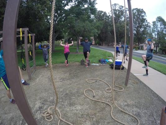 Balance work with bricks in hand.