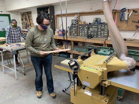 Woodshop class milling process with jointer, planer, Sawstop tablesaw