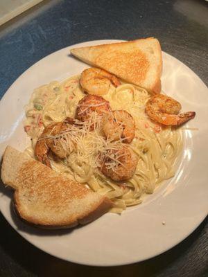 Grilled Shrimp and Jalapeño Creme Pasta w/ side of sourdough toast