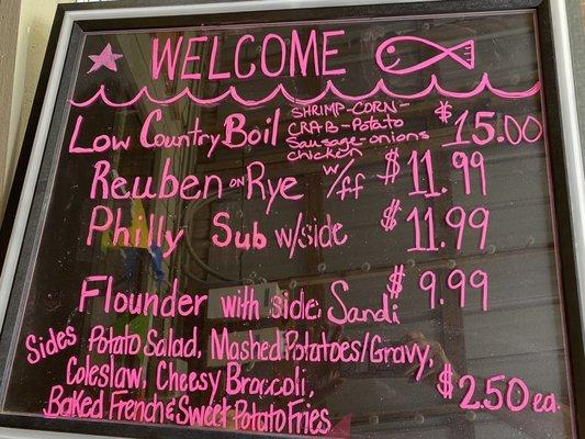 Saturday special is Low Country Boil. Lower section of sign are other regular menu choices.