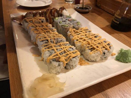 Shrimp tempura (do not recommend), California roll, 2 spicy crunchy tuna rolls and 1 spicy salmon roll.