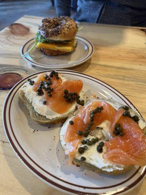 Lox bagel on hatch chile bagel and a breakfast sandwich on everything.