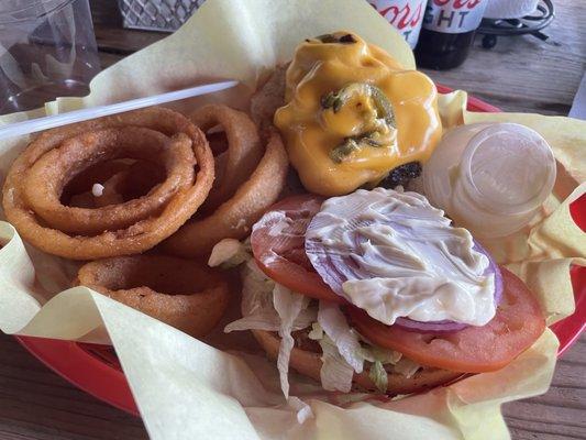 Cheeseburger and onion rings