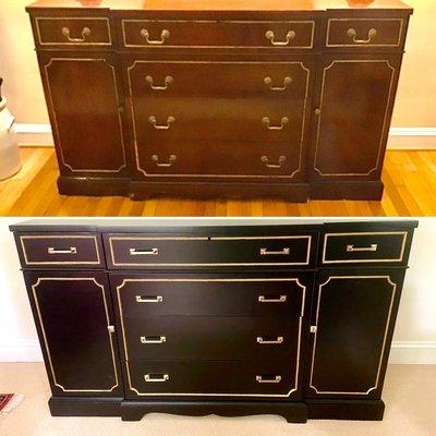 Before and After 2 color lacquer paint job. Black with gold accents on buffet