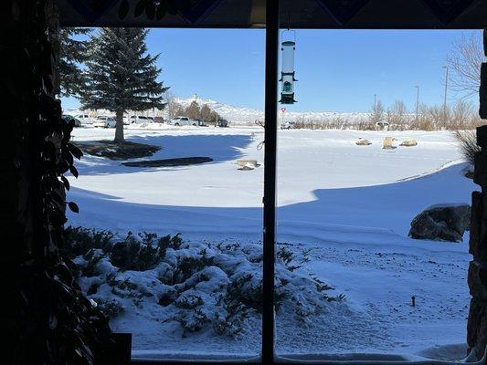 You will enjoy the bright and sunny views, and atmosphere of the Pardners café. You can even see Hart Mountain in the distance.