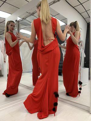 ZulaStudio handmade backless red gown with available modesty panel size 6-10 at https://www.etsy.com/shop/ZulaStudios