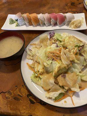 Miso soup, salad with ginger dressing and a rainbow roll! SOOO good!