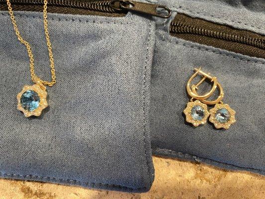 Na Hoku brand Blue topaz necklace and earrings in yellow gold