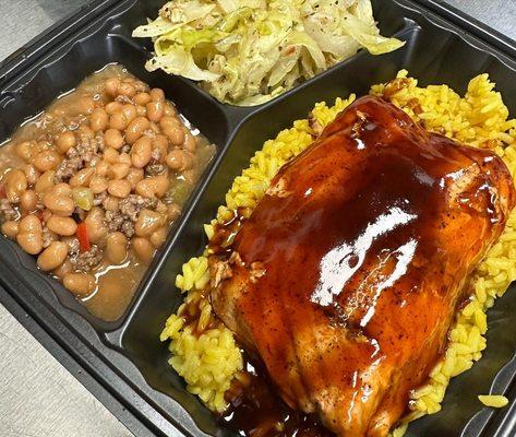 Smoked Salmon with Chipotle glaze sauce, baked beans and Cabbage