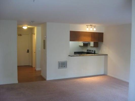 Kitchen view from living room, almost identical for all apartments