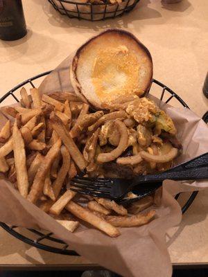 The Four Brothers-fried pickles, onion rings, cheddar and Sriracha Mayo. Fresh curly fries!